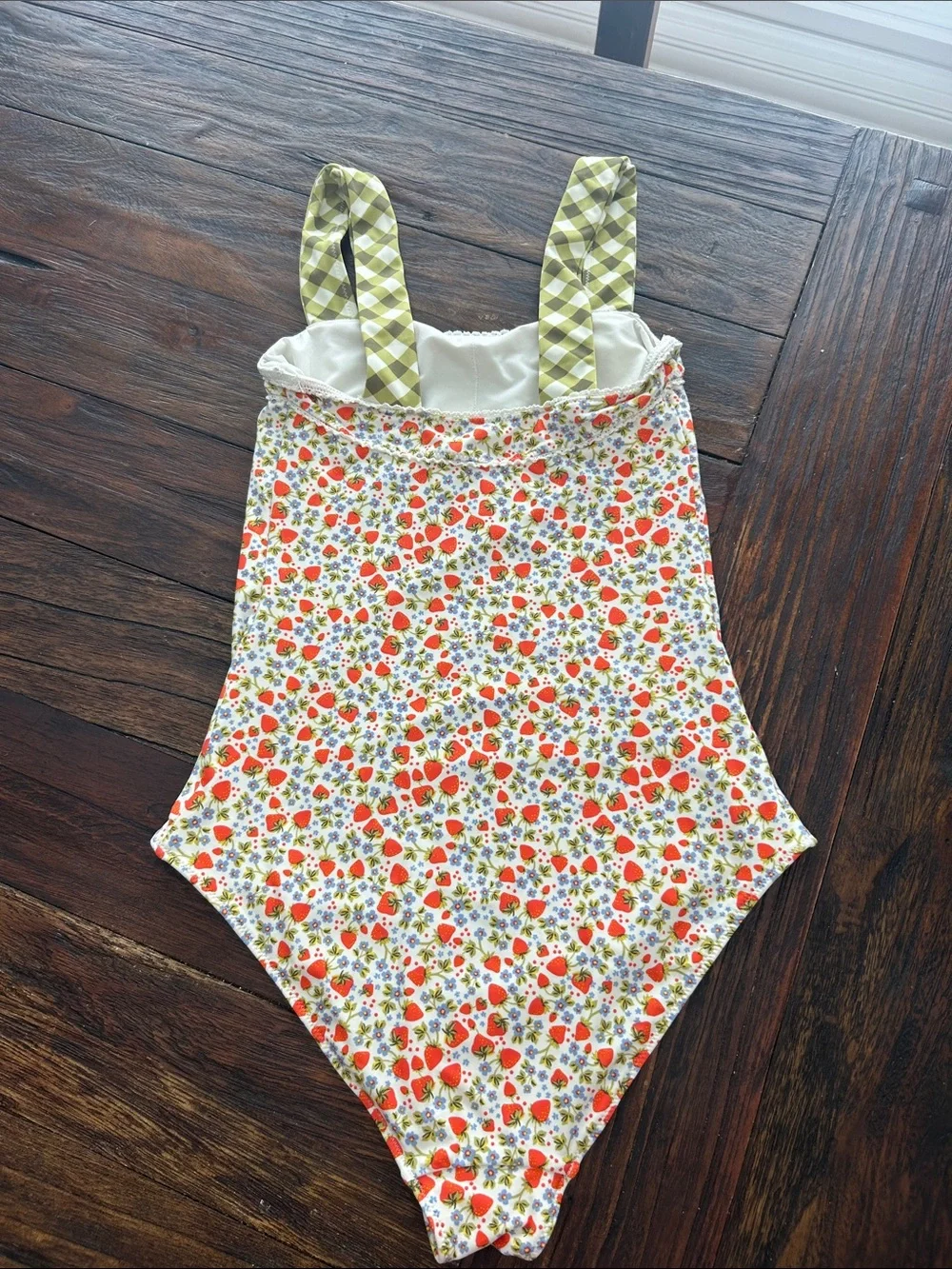 aerie White Strawberry Floral One-Piece Swimsuit with Green Check Straps